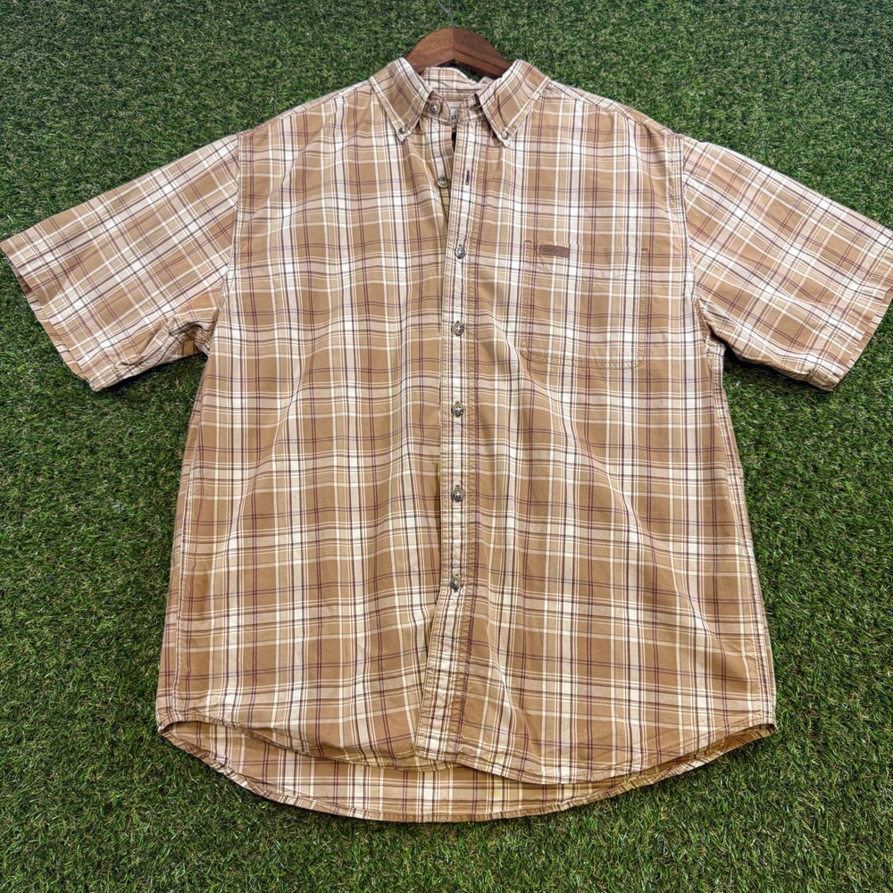 Carhartt Mens Large Short Sleeve Plaid Button Down Shirt Tan Brown Cotton
